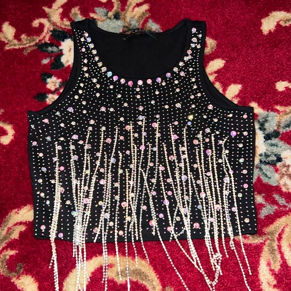 Akira black top with silver crystal Fringe - Picture 1 of 3